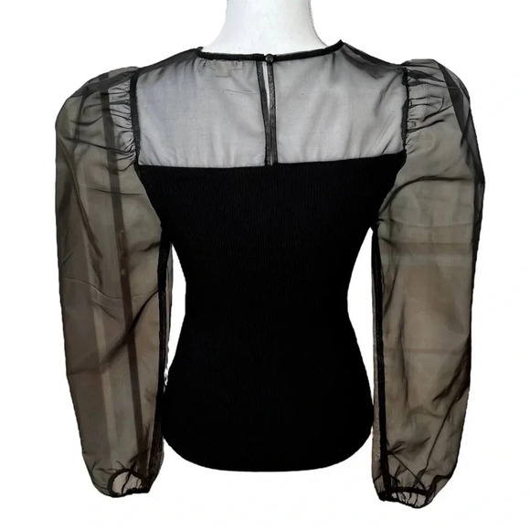 Black Sweater Top with Sheer Taffeta Long Balloon Sleeves Size S - Picture 4 of 8